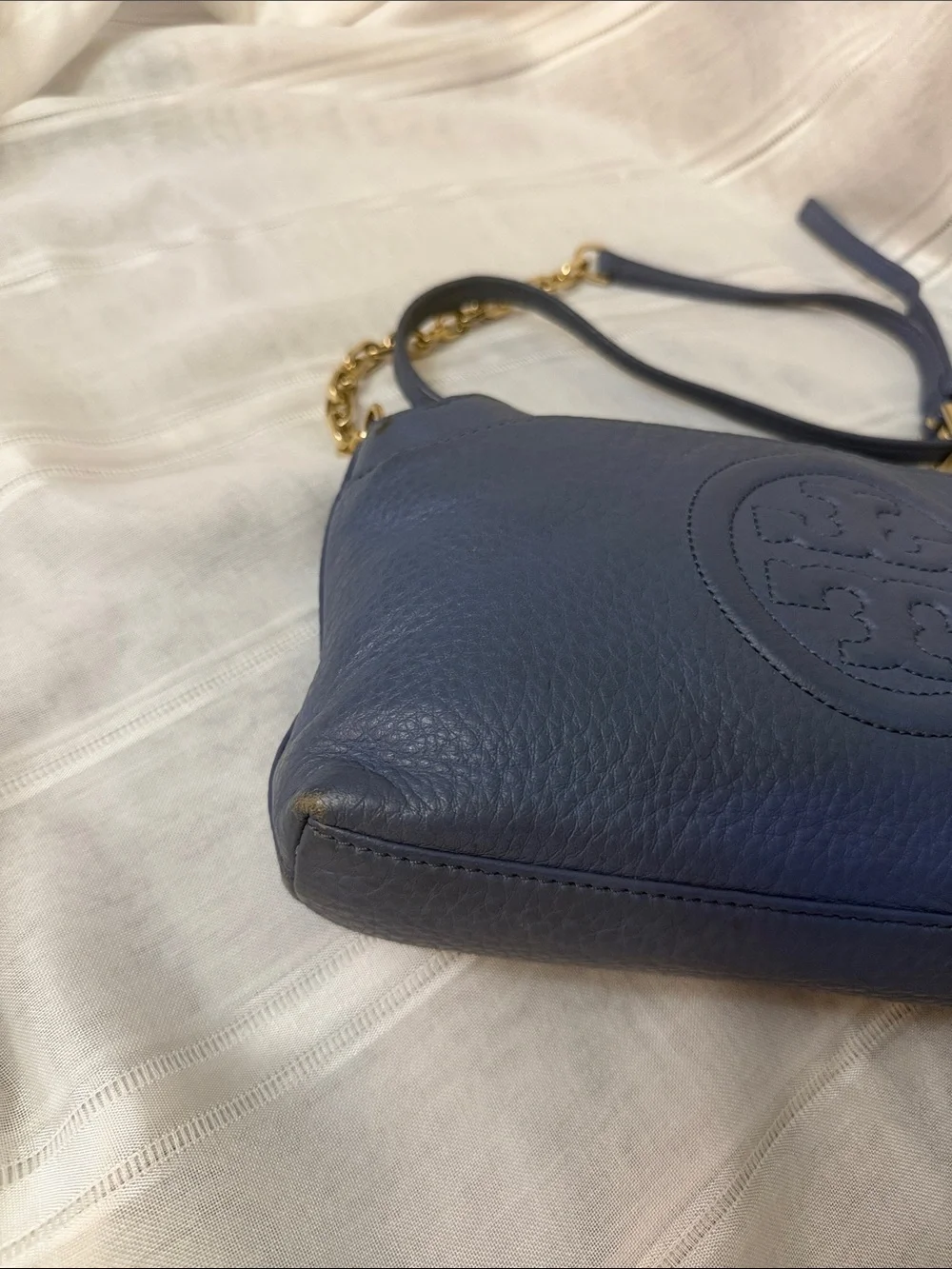 Tory Burch Cornflower Blue Leather Crossbody with Chain Strap